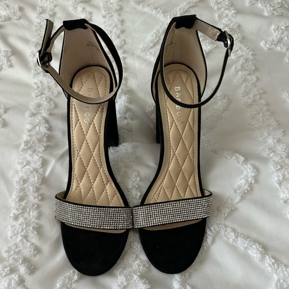 Black Rhinestone Ankle-Strap Block Heel Sandals